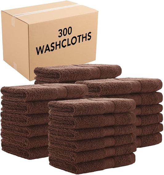 Arkwright True Color Solid Wash Cloths - Soft 100% Cotton Bulk Washcloths 300 Pack - Lightweight 475 GSM, Absorbent & Quick Dry for Face and Body, 12 x 12 in, Brown
