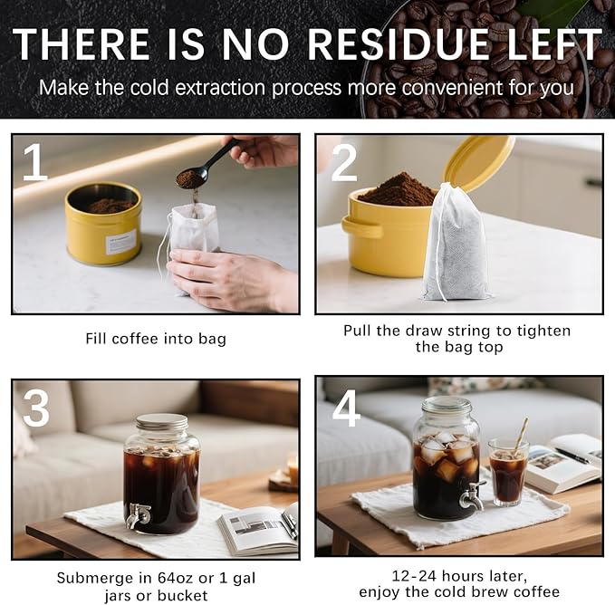 100 Pcs Cold Brew Bags 6x8 inch, No Mess Disposable Cold Brew Coffee Filter Pouches with Drawstring Large Empty Tea Bag for Loose Leaf Tea, Iced Coffee, Herbs, Spice, Home brewing, Hot pot