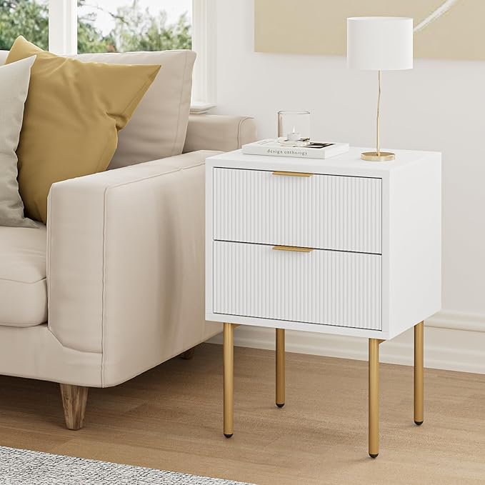 Masupu Nightstand,Mid-Century Modern Bedside Table with 2 Storage Drawer,Small Gold Frame Side End Table for Bedroom,Living Room, White