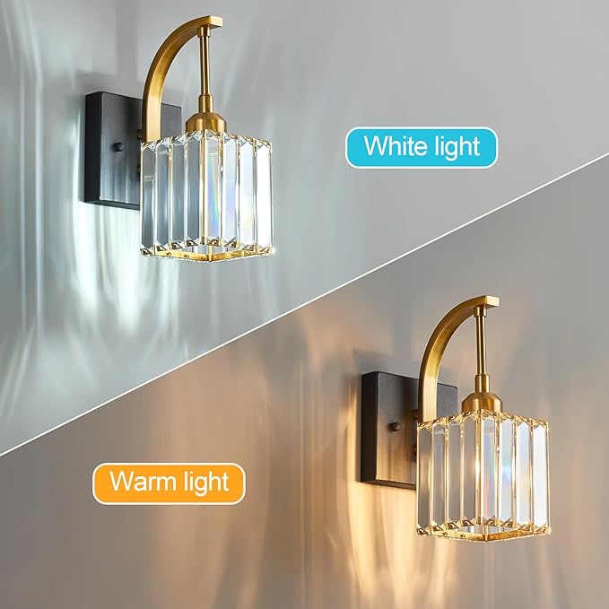 Wall Sconces, Set of 2 Black Gold Crystal Vanity Lights, Modern Wall Lamp for Bathroom, Hallway, and Makeup, Easy Installation