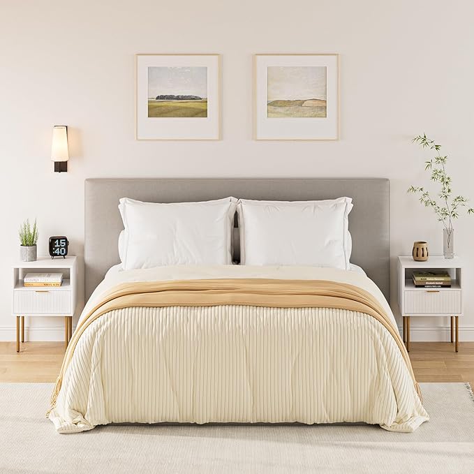 Masupu Nightstand,Mid-Century Modern Bedside Table with Storage Drawer and Open Wood Shelf,Small Gold Frame Side Table for Bedroom,Living Room,White