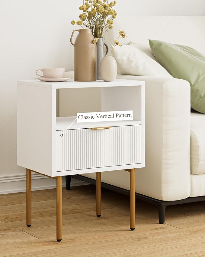 Masupu Nightstand,Mid-Century Modern Bedside Table with Storage Drawer and Open Wood Shelf,Small Gold Frame Side Table for Bedroom,Living Room,White