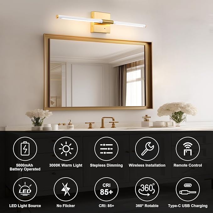 30 Inch White Gold Battery Operated Wall Sconces Set of 2, Dimmable Battery Wall Sconce with Remote Control, LED Rechargeable Sconces, Modern Wireless Wall Lights for Bedroom, Living Room