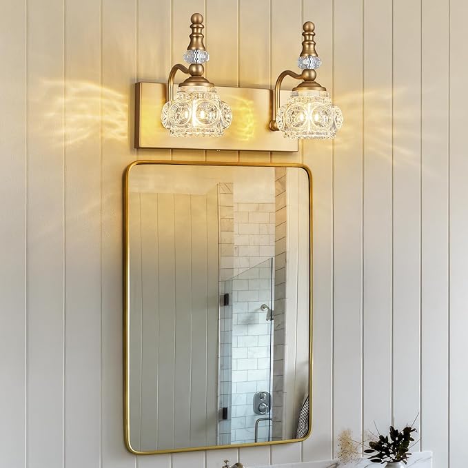 Modern Glass Crystal Vanity Light - Vintage Bathroom Lighting Fixtures Over Mirror, 2 Light Vanity Lights G9 Bulb (11.81 Inch,Brass)