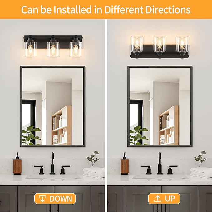 3 Light Modern Bathroom Light Fixtures Over Mirror, Black Vanity Lights for Bathroom Wall Sconces with Clear Glass Shades, E26 Socket (Bulbs Not Included)