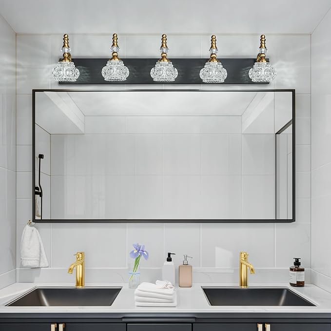 Modern Glass Crystal Vanity Light - Vintage Bathroom Lighting Fixtures Over Mirror, 5 Light Vanity Lights G9 Bulb (35.43 Inch, Black Gold)