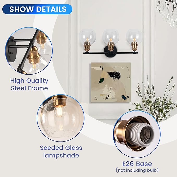 3 Light Bathroom Vanity Light, Black and Gold Bathroom Light Fixtures, Sconces Wall Lighting with Seeded Glass Shade, Modern Brushed Gold Vanity Lights for Bathroom, Bedroom, Hallway