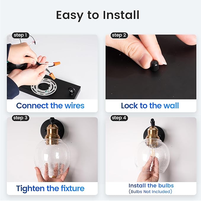 1-Light Bathroom Wall Sconce, Matte Black and Gold Vanity Light, Modern Wall Light Fixture with Seeded Glass Shade and E26 Bulb Base, Wall Lamp Wall Mount Light Fixtures for Mirror, Bedroom, Hallway