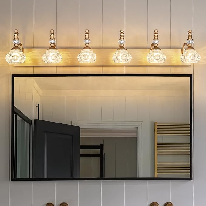 Modern Glass Crystal Vanity Light - Vintage Bathroom Lighting Fixtures Over Mirror, 6 Light Vanity Lights G9 Bulb (43.3 Inch,Brass)