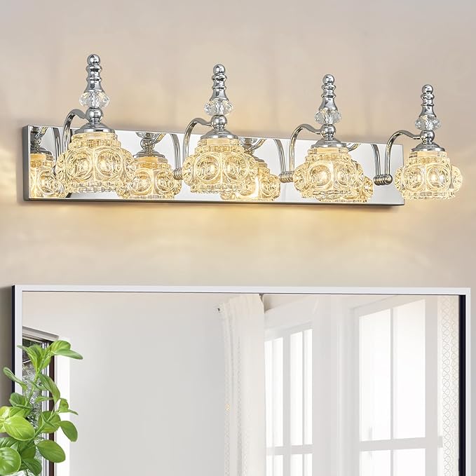 4-Light Vintage Bathroom Vanity Light Fixture Industrial Chrome with Glass Shade Vanity Light Fixtures Over Mirror Glass Bathroom Vanity Lighting Fixtures G9 Bulb Wall Lights