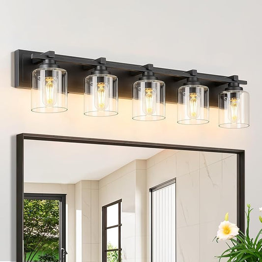 5 Light Modern Bathroom Light Fixtures Over Mirror, Black Vanity Lights for Bathroom Wall Sconces with Clear Glass Shades, E26 Socket (Bulbs Not Included)