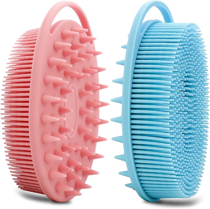 2 Pack Silicone Body Scrubber, Loofah Double-Sided Body Brush,Shower Scrubber and Scalp Massager Shampoo Brush for Sensitive Kids Women Men All Kinds of Skin (Pink & Blue)