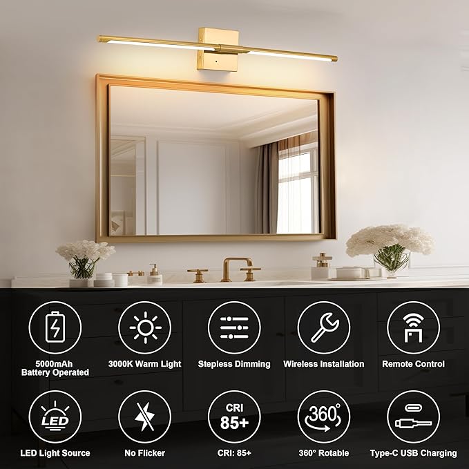 Gold Battery Operated Wall Sconces, Dimmable Wall Sconces with Remote Control, Rechargeable Sconces Wall Lighting, 24″ LED Wireless Wall Lights for Bedroom, Living Room, Bathroom, Hallways