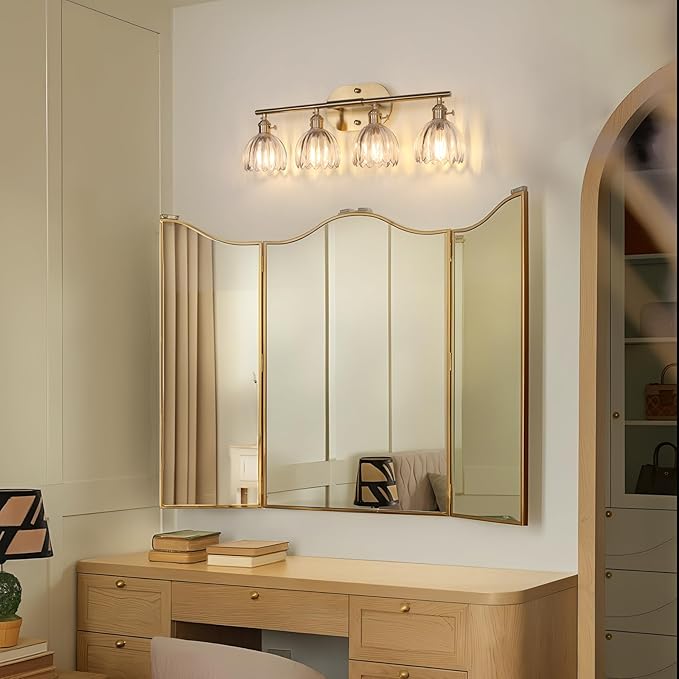 Bathroom Light Fixtures, 4-Light Brass Vanity Wall Light Over Mirror with Clear Tulip Glass Shade for Bedroom Living Room (Bulb Not Included)