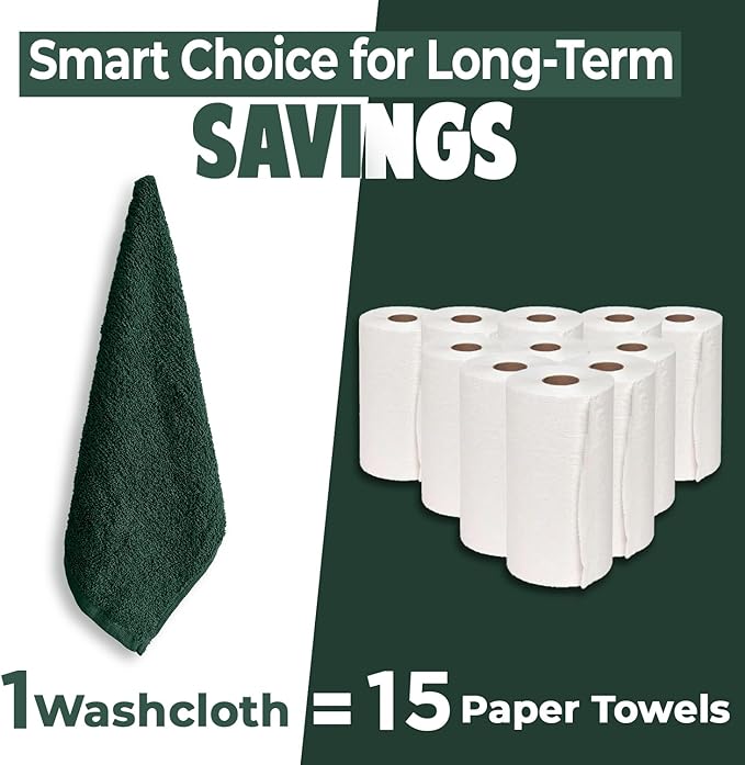 DAN RIVER 12 Pack Wash Cloths for Showering [12x12] - 100% Cotton Washcloths Premium Quality Flannel Face Cloths for Bathroom, Highly Absorbent and Soft Feel Wash Clothes, Hunter Green