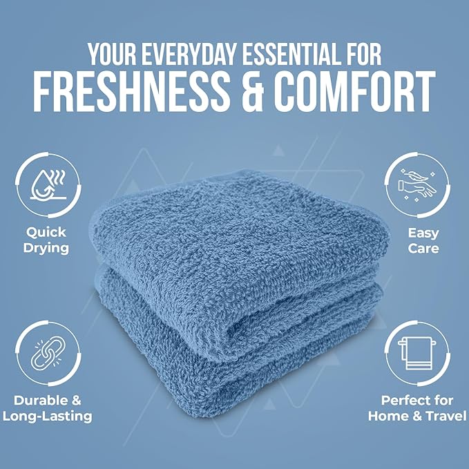 DAN RIVER 24 Pack Wash Cloths for Showering [12x12] - 100% Cotton Washcloths Premium Quality Flannel Face Cloths for Bathroom, Highly Absorbent and Soft Feel Wash Clothes, M Blue
