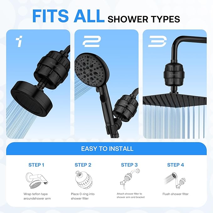 25 Stage AuileGco High Output Shower Filter,equipped with a replaceable cartridge-Shower Head Filter for Hard Water,High Filtering Capacity for Chlorine（3 Packs）