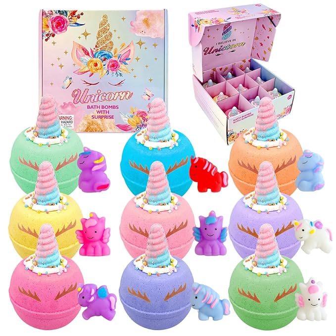Skin-Safe Unicorn Bath Bombs for Kids with Surprise Squishy Toys Inside, 9 Extra Large Bath Salts with Calming and Long Lasting Scent, Natural Bubble Bath Bombs for Girls Sensitive Skin