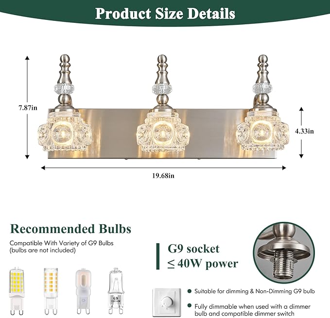 Modern Glass Crystal Vanity Light - Vintage Bathroom Lighting Fixtures Over Mirror, 3 Light Vanity Lights G9 Bulb (19.68 Inch, Nickel)