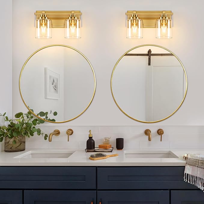 2 Light Modern Bathroom Light Fixtures Over Mirror, Brass Finish Vanity Lights for Bathroom Wall Sconces with Clear Glass Shades, E26 Socket (Bulbs Not Included)