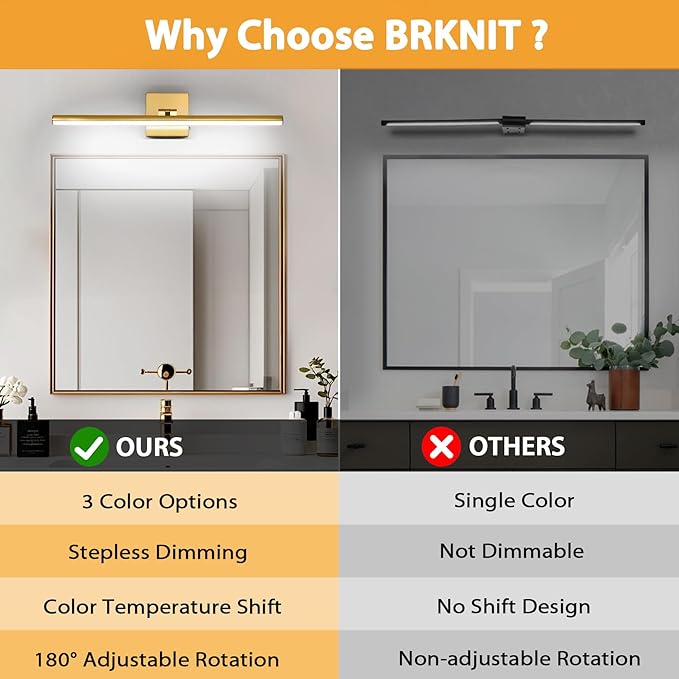 24 Inch LED Bathroom Vanity Light (3000K/4000K/6000K, Dimmable), Brass Modern Bathroom Light Fixture Over Mirror, Vanity Light Bar with Angle Adjustable