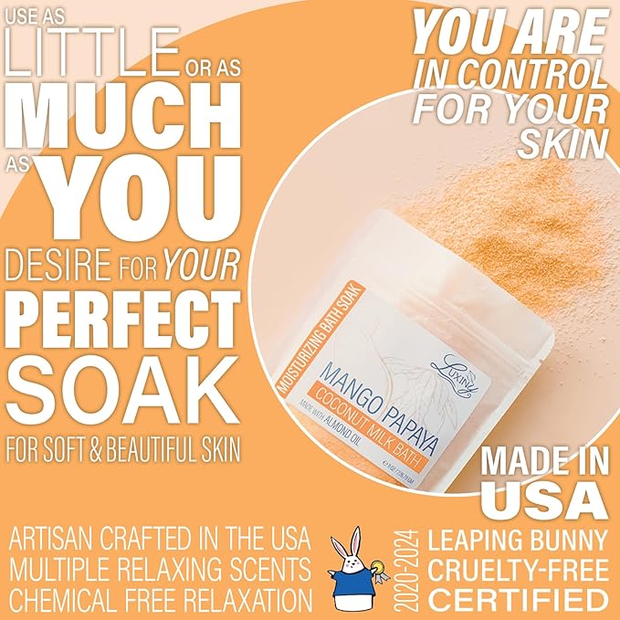 Luxiny Vegan Milk Bath Soak Made with Coconut Milk Powder & Sweet Almond Oil Which Creates A Bath Bomb Dust Soothing Fizz, 8oz (Mango Papaya)