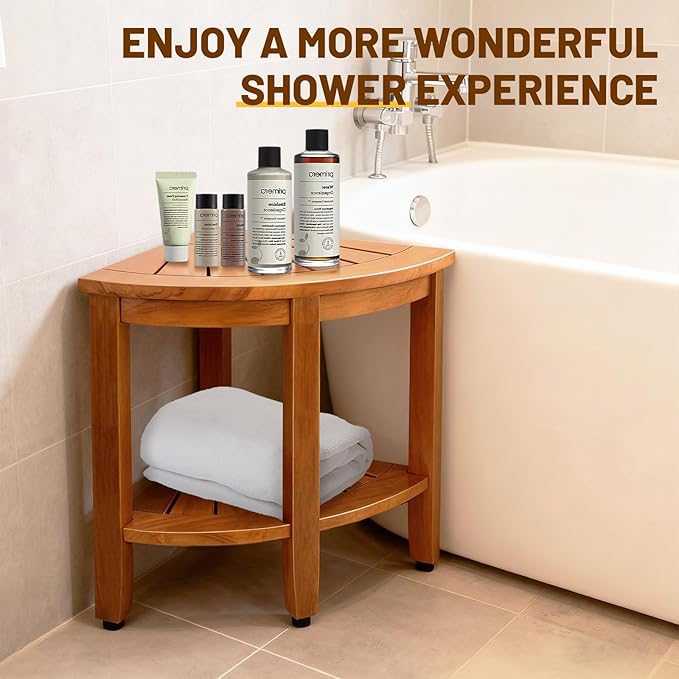 18" Premium Teak Corner Shower Bench with Shelf, Solid Teak Shower Stool, Durable Waterproof Wooden Seat for Inside Shower, Teak Wood Bench for Bathroom, Indoor & Outdoor Use