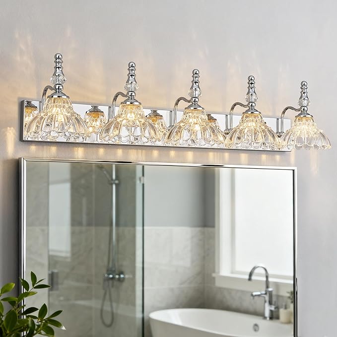 Vintage Bathroom Vanity Light, 5-Light Chrome Vanity Lighting Fixture with Flower Glass Shade, Bathroom Lighting Fixtures Over Mirror