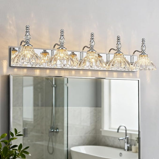 Vintage Bathroom Vanity Light, 5-Light Chrome Vanity Lighting Fixture with Flower Glass Shade, Bathroom Lighting Fixtures Over Mirror