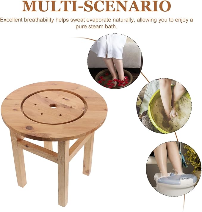 KICHOUSE Wood Bathroom Stool - Anti-Skid Hollow Sauna Bucket Stool - Wooden Four-Legged Steam Seat - Shower Hollow Chair for 20 Inch Height Tub