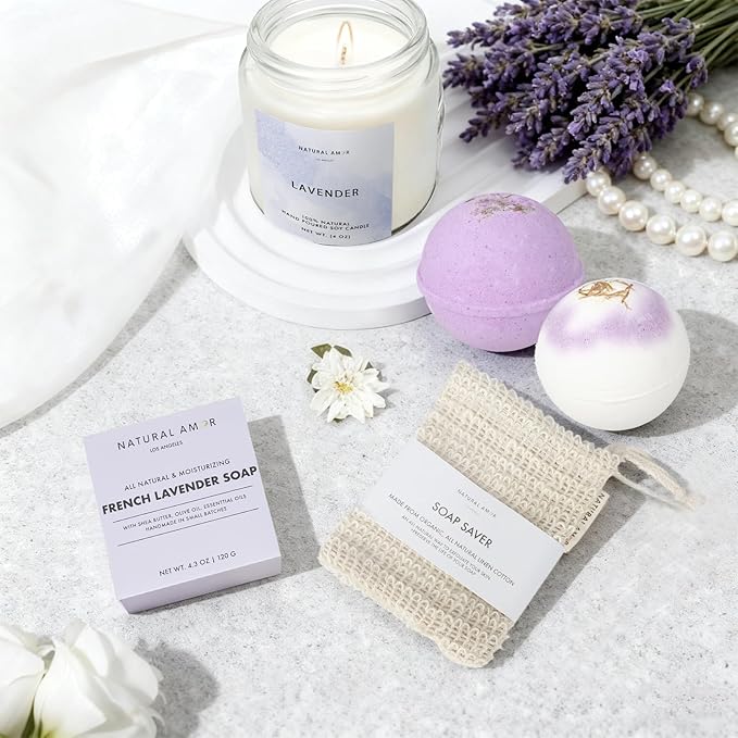 Natural Amor Lavender Blanket Spa Gift for Women 8pcs, Birthday Gift for Women, Self Care Gift for Birthday, Christmas