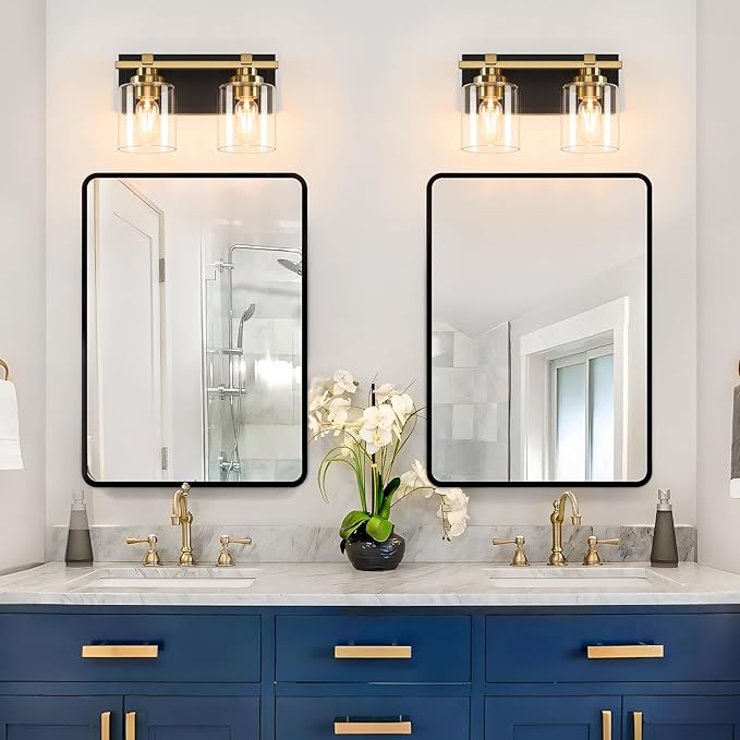 2 Light Modern Bathroom Light Fixtures Over Mirror, Black Gold Vanity Lights for Bathroom Wall Sconces with Clear Glass Shades, E26 Socket (Bulbs Not Included)