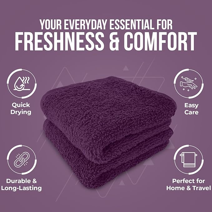DAN RIVER 24 Pack Wash Cloths for Showering [12x12] - 100% Cotton Washcloths Premium Quality Flannel Face Cloths for Bathroom, Highly Absorbent and Soft Feel Wash Clothes, Purple Passion