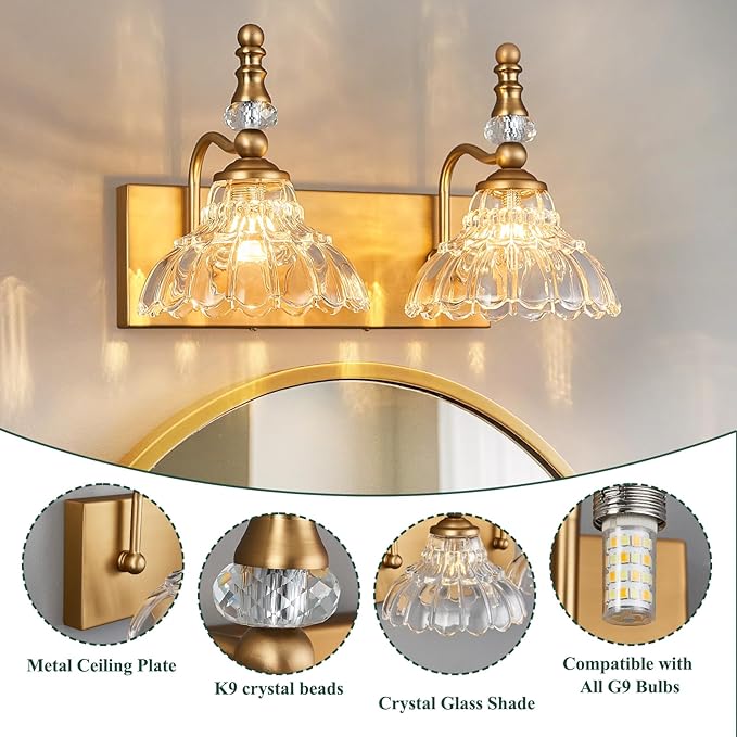 Vintage Bathroom Vanity Light, 2-Light Brass Vanity Lighting Fixture with Flower Glass Shade, Bathroom Lighting Fixtures Over Mirror