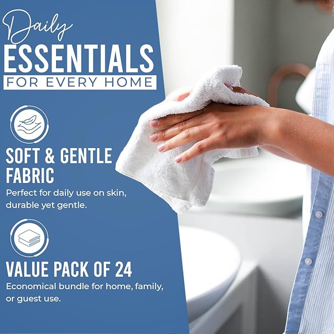 DAN RIVER 24 Pack Wash Cloths for Showering [12x12] - 100% Cotton Washcloths Premium Quality Flannel Face Cloths for Bathroom, Highly Absorbent and Soft Feel Wash Clothes, M Blue