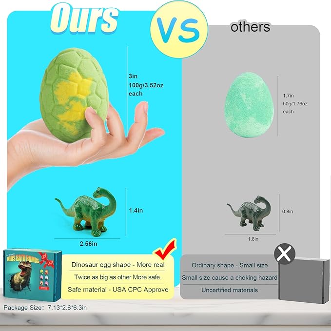 Bath Bombs for Kids with Surprise Inside, 6 Pack Dinosaur Toys Toddler Bath Bombs Gift, Organic Bubble Bath Fizzies, Dinosaur Egg, Stocking Stuffers for Kids, Christmas Gifts for Kid 3-12