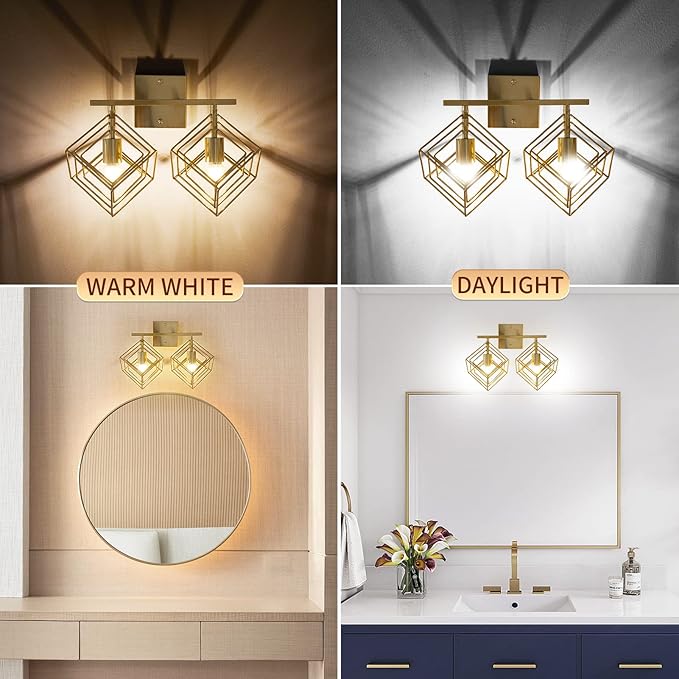 Bathroom Vanity Light with 2 Bulbs Bathroom Light Fixtures Over Mirror with Rotatable 2 Cube Shades Modern Wall Mounted Brushed Brass