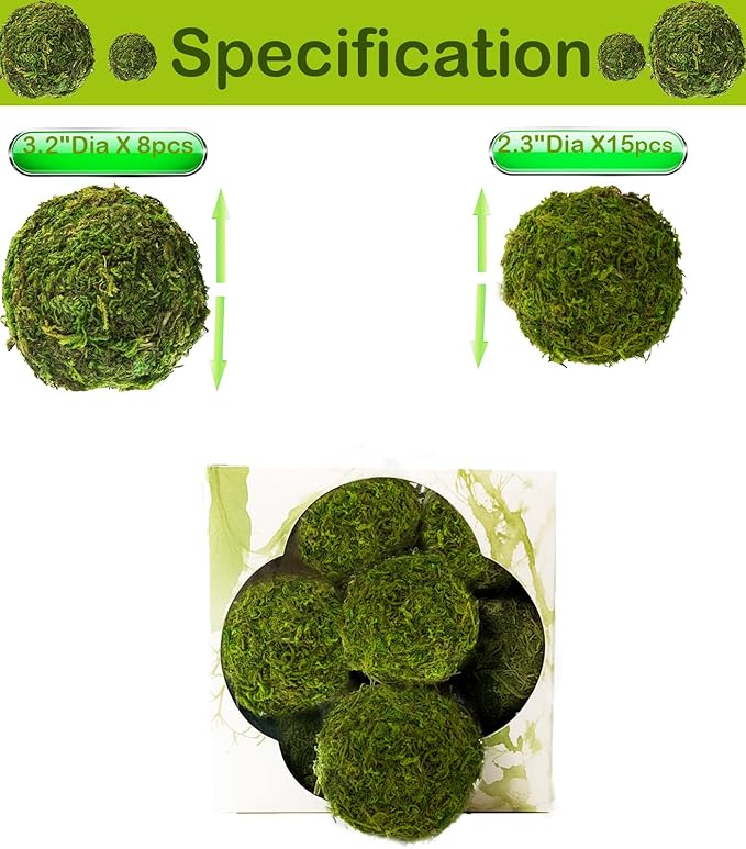 21 Pack Green Moss Balls 8pcs 3.2" Decorative Balls for Bowls Filler 13pcs 2.3" Fake Moss Balls for Centerpiece Artificial Balls for Vase Filler Live Moss Ball for Home Tabel Decor