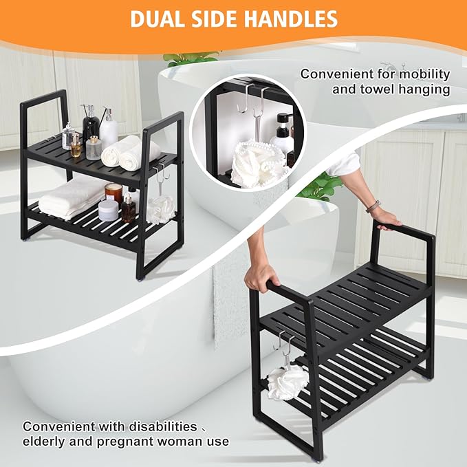 VVW 24.4 Inch Bamboo Shower Bench Seat Chair Stool with Arms for Inside Shower, Heavy Duty Spa Bath Chair with 2 Movable Hooks, Non-Slip Feet for Bathroom Accessories (Black L)