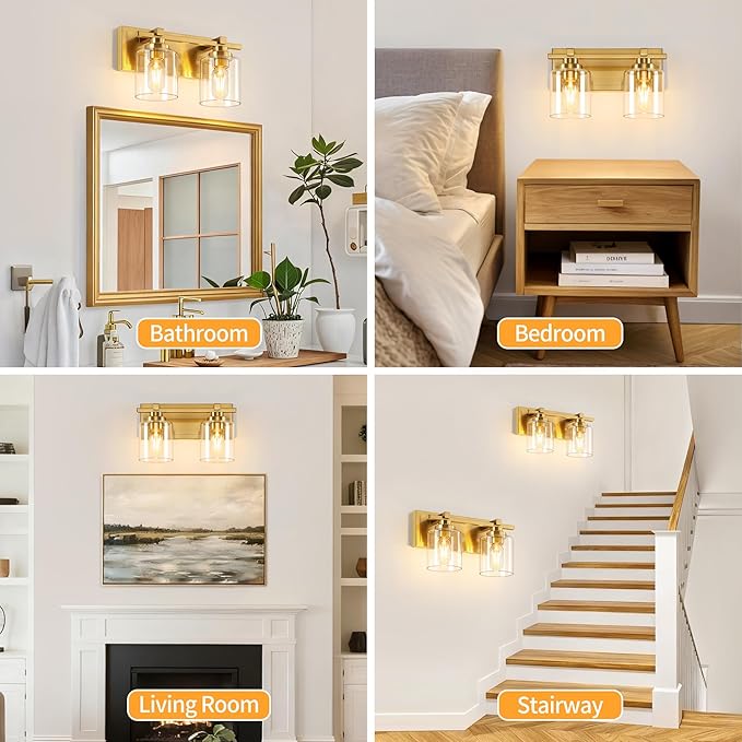 2 Light Modern Bathroom Light Fixtures Over Mirror, Brass Finish Vanity Lights for Bathroom Wall Sconces with Clear Glass Shades, E26 Socket (Bulbs Not Included)
