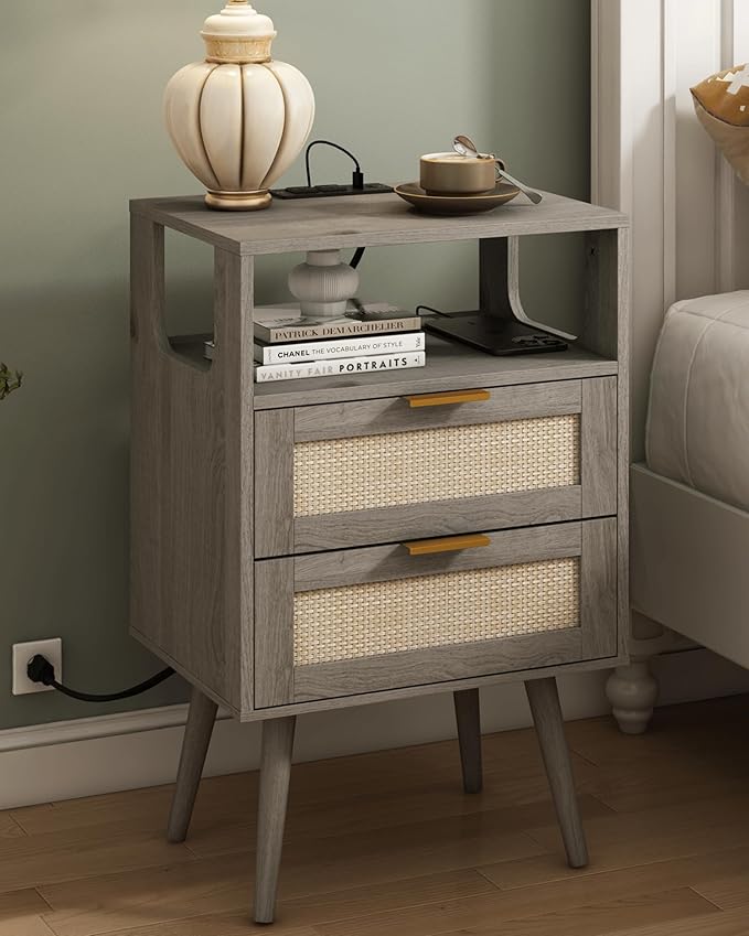 Rattan Nightstand with Charging Station,Modern Bedside Table with 2 Storage Drawer and Open Wood Shelf, for Bedroom and Small Spaces,Night Stand with Solid Wood Legs (Grey Oak)