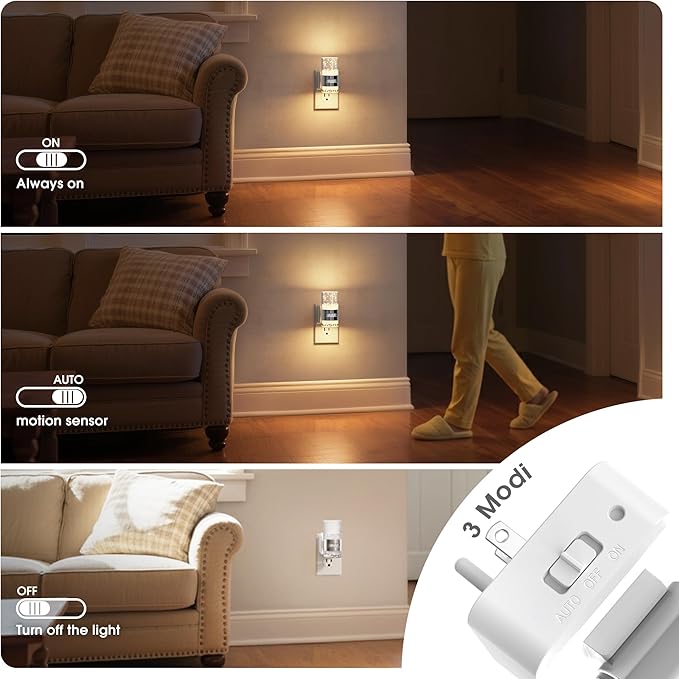 JandCase Motion Sensor Night Light, Dimmable Night Lights Plug Into Wall, 2 Pack 3000k Soft White Night-Lights With 0-100Lm Adjustable Brightness, Acrylic Plug In Nightlight For Bedroom Bathroom Decor