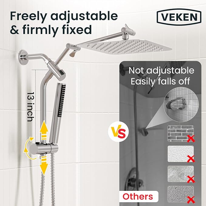 Veken 10" Luxurious All Metal Rain Shower Head with Handheld, High Pressure Rainfall Shower Heads wih Extension Arm, Wide Dual Showerhead with Spray Combo, Bathroom Accessories, Chrome, Silver