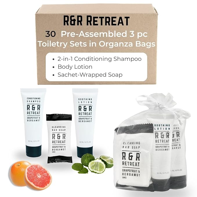 R&R Retreat Hotel Toiletry Sets - 30 Pre-Assembled 3-Piece Guest Amenities in Organza Bags - 2-in-1 Conditioning Shampoo, Body Lotion & Sachet-Wrapped Soap - Grapefruit & Bergamot Scent