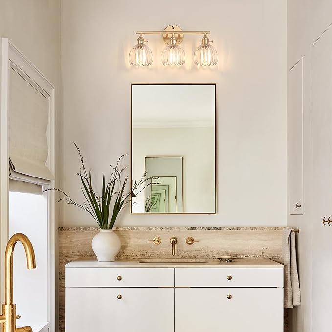 Bathroom Light Fixtures, 3-Light Brass Vanity Wall Light Over Mirror with Clear Tulip Glass Shade for Bedroom Living Room (Bulb Not Included)