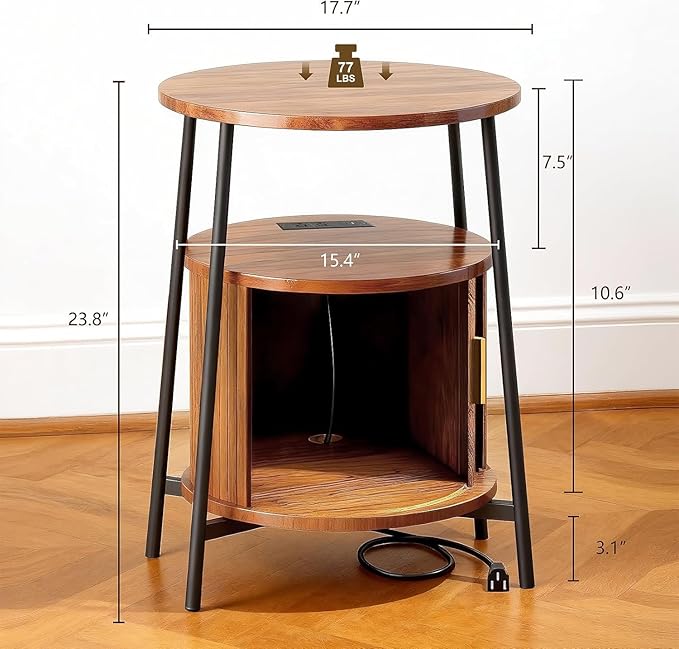 End Tables Set of 2 & Charging Station, Fluted Accent Side Table with Sliding Door, Mid-Century Modern Nightstand Set of 2 for Small Space, Living Room, Bedroom Sofa Couch (2, Yellow Walnut)