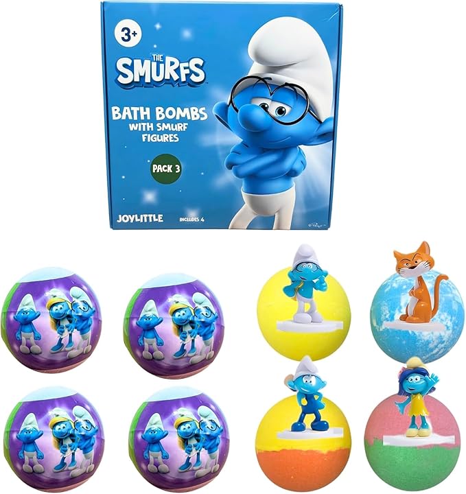 The Smurfs Bath Bombs with Action Figures-Brainy, Handy Smurf, Blossom, and Azrael (Pack 3)