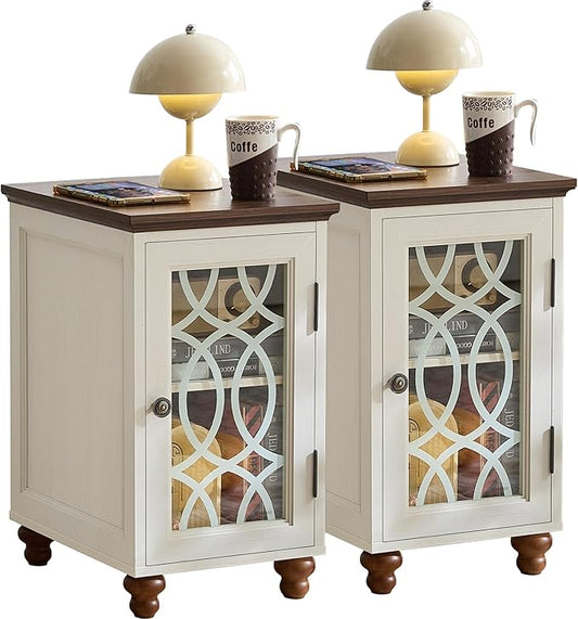Narrow Side Table Set of 2 with Glass Door, 18 x 14'' Night Stand with Adjustable Shelf Storage Cabinet Organizer, Bedside End Tables Wood Nightstand for Small Spaces Living Room Bedroom
