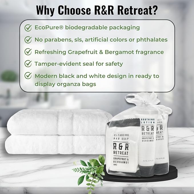 R&R Retreat Hotel Toiletry Sets - 30 Pre-Assembled 3-Piece Guest Amenities in Organza Bags - 2-in-1 Conditioning Shampoo, Body Lotion & Sachet-Wrapped Soap - Grapefruit & Bergamot Scent