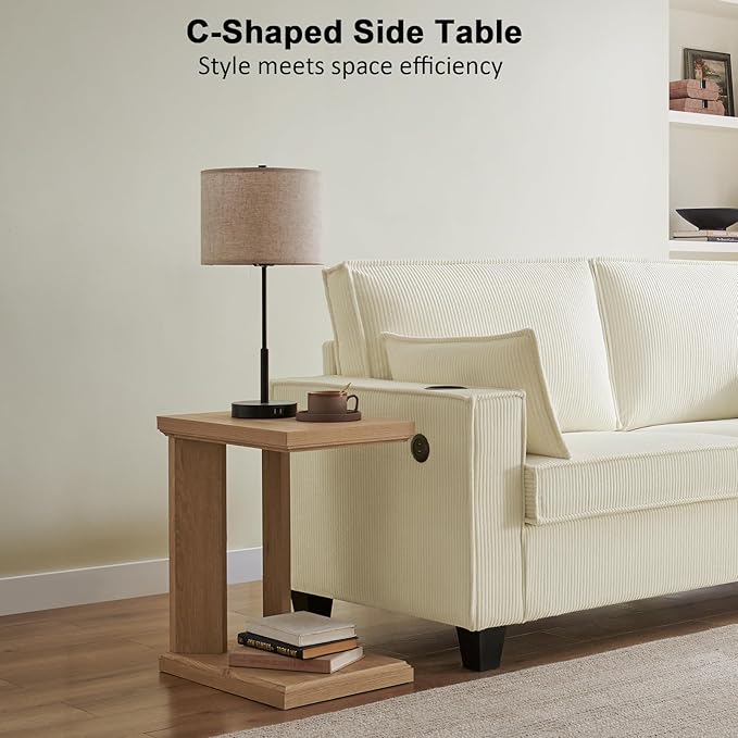 C Shaped End Table for Couch, 23.2'' High Small Side Table 2-Tier C Shaped Sofa Table for Small Narrow Spaces, Modern Nightstand for Bedroom, Living Room, Apartment, Home Office, Oak